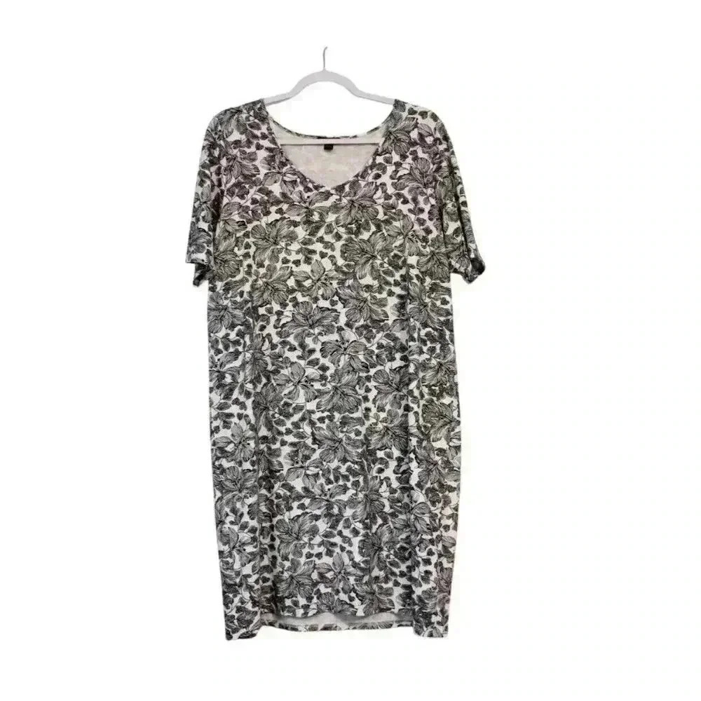 J Jill Wearever Collection Dress Large Black White Floral Stretch Classic Casual